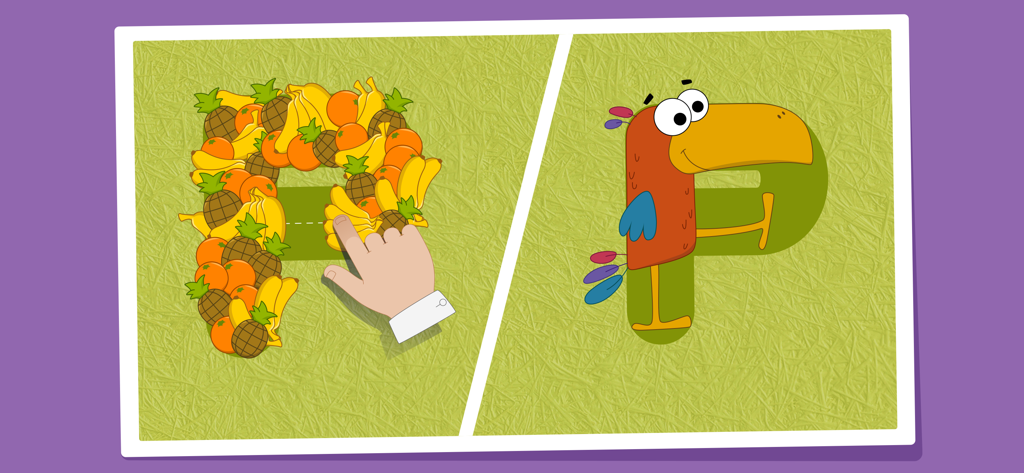 Alive Alphabet: Letter Tracing - Educational screen showing a hand tracing the letter P made of fruit and a colorful bird shaped like the letter P.