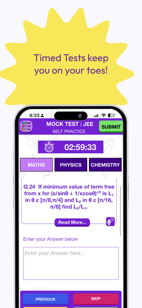 Interfaz de examen de prueba simulado cronometrado para la preparación del examen JEE en la aplicación Scholar Planet que muestra una pregunta de matemáticas y un temporizador