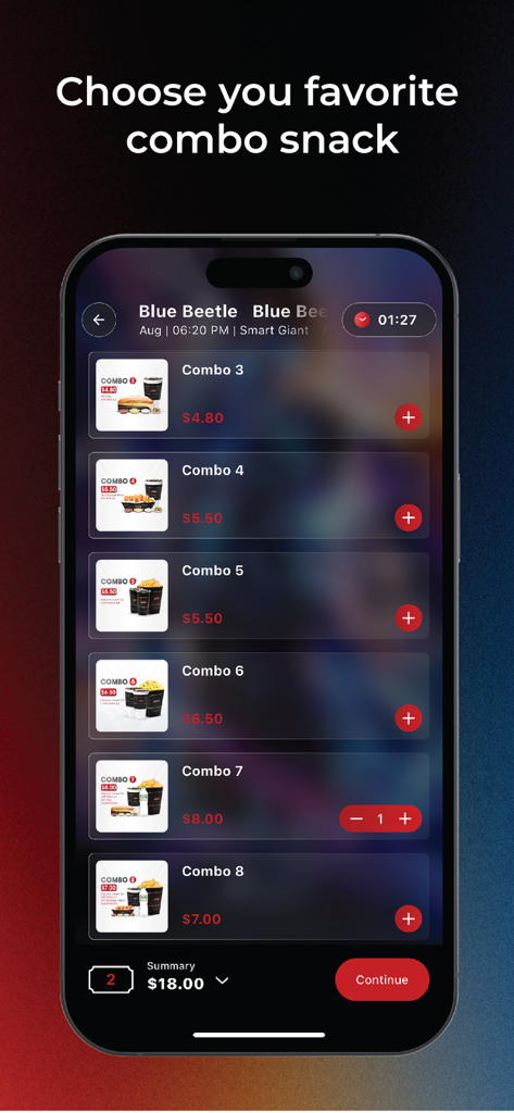 Legend Cinema - Mobile app interface for Legend Cinema showing a menu of popcorn and snack combo options for pre-ordering.