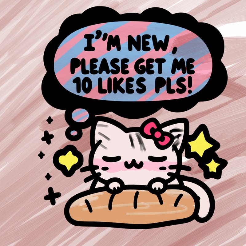 kitty taking a nap dream talking and saying "i'm new, please get me at least 10 likes pls!!"