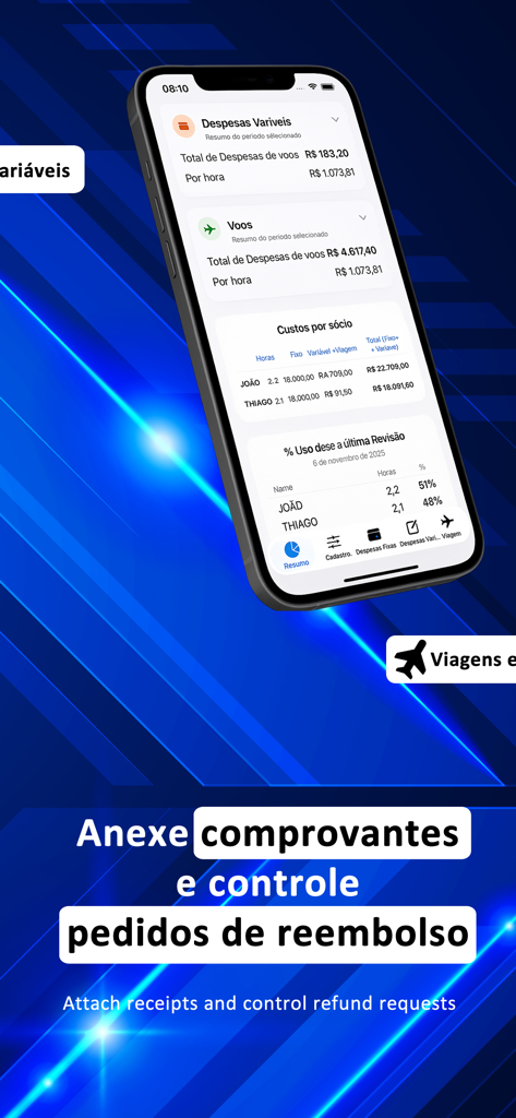 AeroCosts - AeroCosts mobile app screen showing flight expenses, partner cost breakdown, and refund request management.
