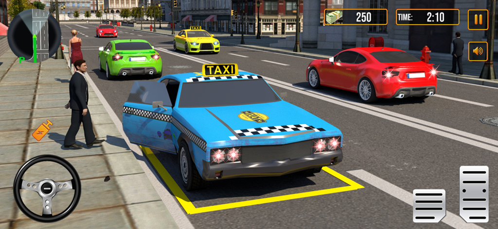 Extreme Taxi Car Driving game - A blue taxi parked on a city street in a driving simulator game