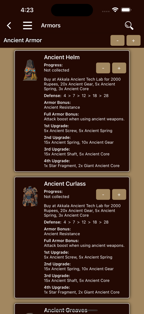 Ancient armor upgrade materials and defense stats in the Breath Companion app