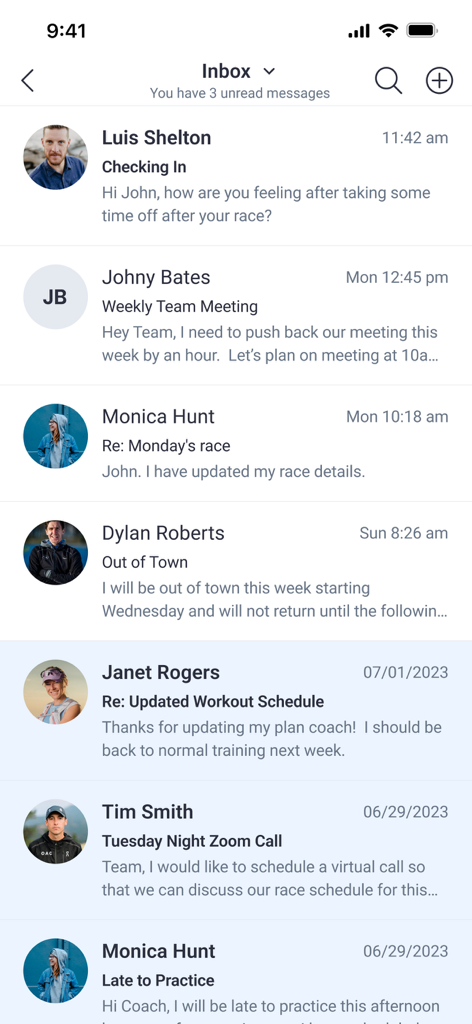 Final Surge - Inbox interface of the Final Surge app showing communication between endurance coaches and athletes