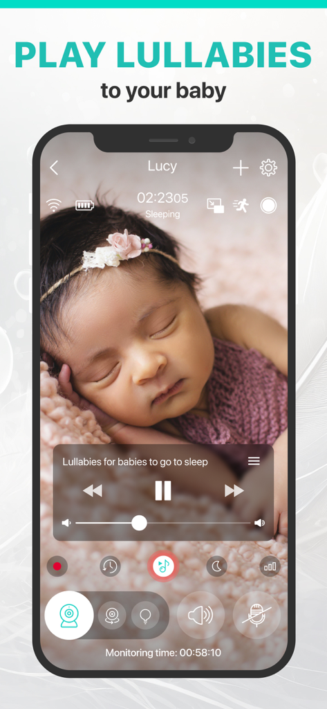 Interfaccia dell'app Annie Baby Monitor che mostra un bambino che dorme e controlli della musica della ninna nanna