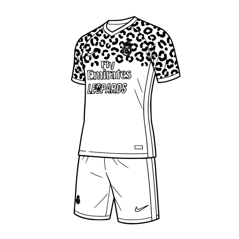 make a soccer goalkeeper jersey from a team called leopards and include the shorts. make the team sponser fly emirites and make a pattern on the jersey