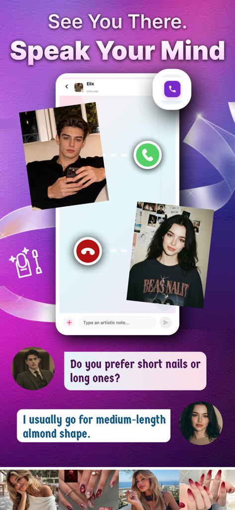 Keep - Vivid Chat - Interfaz de mensajería de la aplicación Keep mostrando una conversación sobre formas y longitudes de uñas entre dos usuarias.