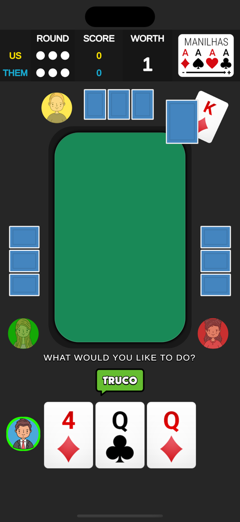 Truco Classic - Pantalla de juego de la aplicación móvil Truco Classic que muestra una mesa de cartas digital y avatares de jugadores
