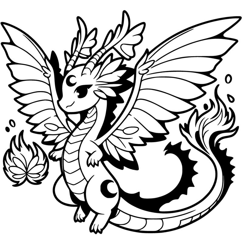 a anime dragon with butterfly wings and a crescent moon on it chest with fire on it tail
