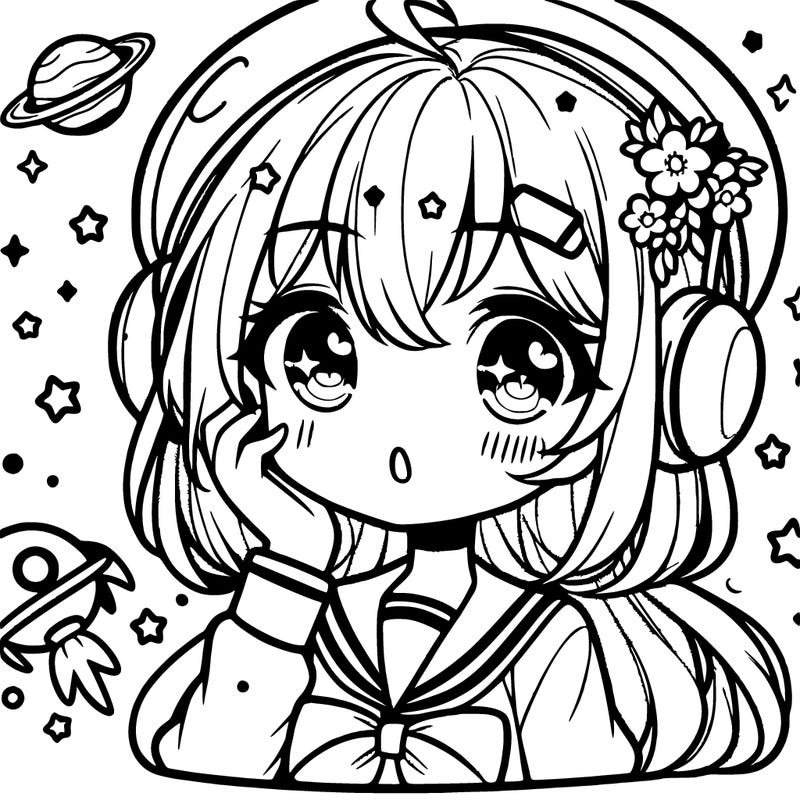 cute anime girl with space accessories