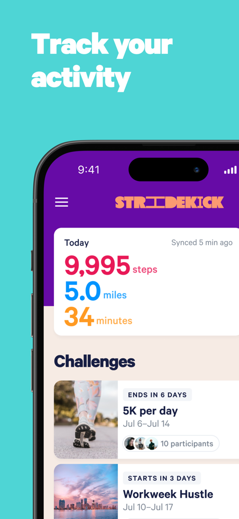 Stridekick Activity Challenges - Stridekick app interface showing daily step count and active fitness challenges