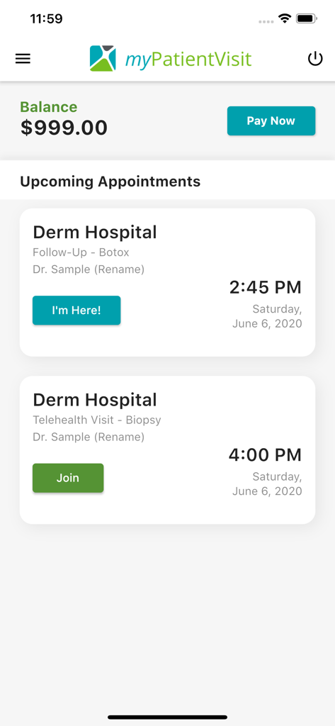 myPatientVisit app dashboard showing account balance and upcoming specialty healthcare appointments