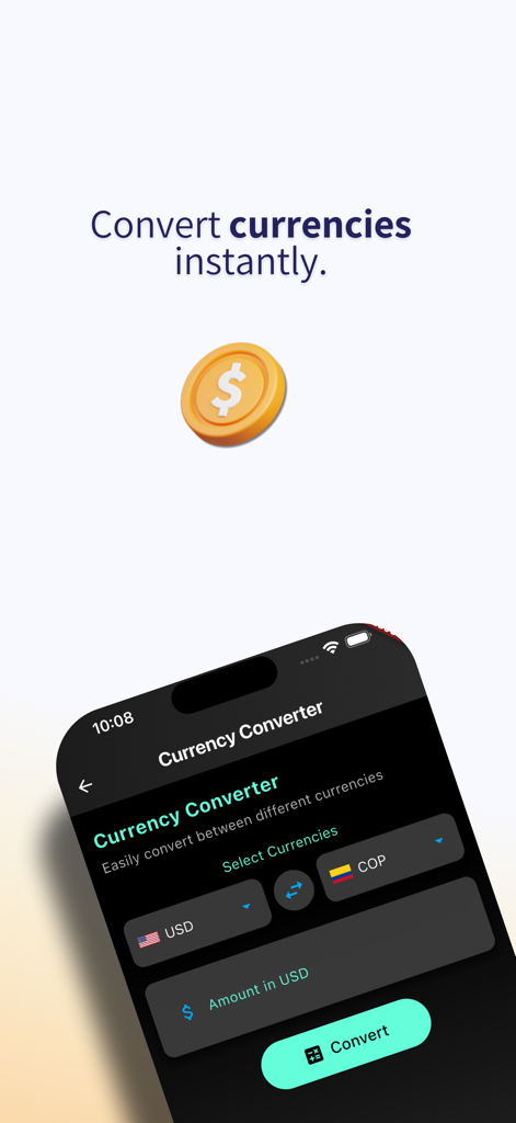 CuentaPro: Finance & Business - Función de convertidor de divisas en la aplicación CuentaPro para la conversión de USD a Peso Colombiano.