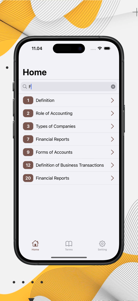 Basic Accounting Learning - Home screen of Basic Accounting Learning app showing a list of modules including financial reports and business transactions.