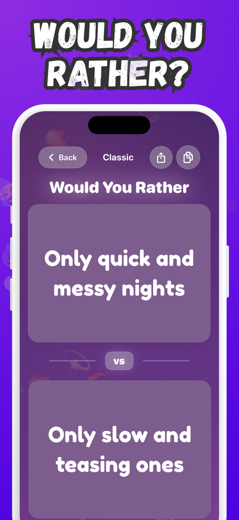 Would you rather? Adults +18 - Uma pergunta Você Prefere para adultos mostrando duas opções provocativas de relacionamento