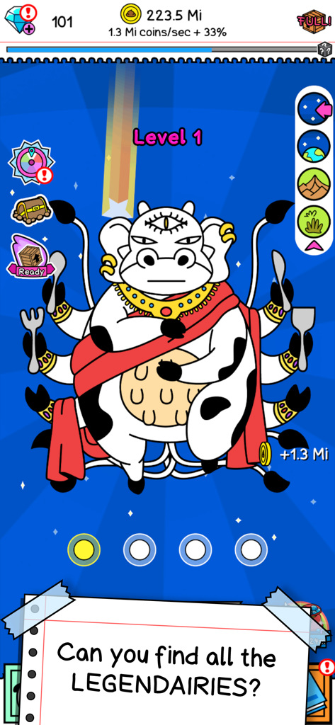A multi armed mutant cow deity character in Cow Evolution mobile game with the text can you find all the legendairies