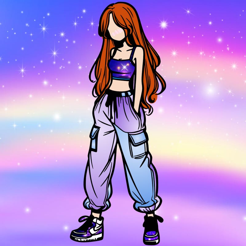 girl in baggy pants crop top and long hair