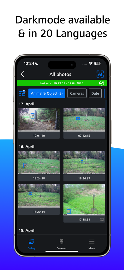 ZEISS Secacam - Interface de l'application ZEISS Secacam montrant une galerie de photos de la faune en mode sombre