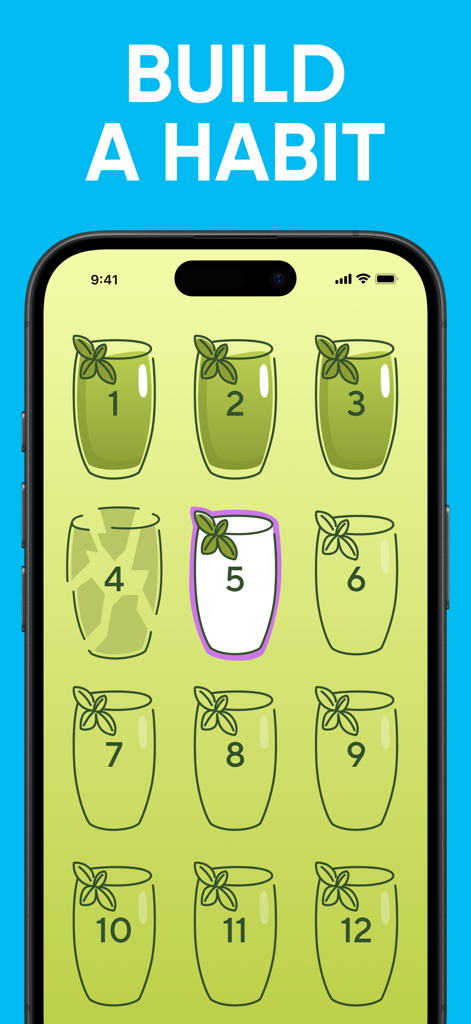 Smartphone screen showing a hydration habit tracking interface with numbered drink icons to monitor daily water intake.