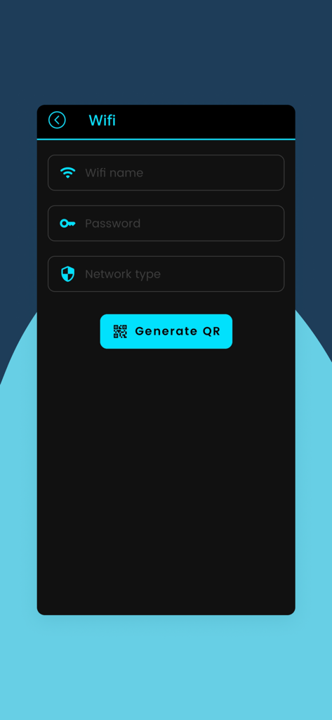 QR Verse - QR Code Generator - A mobile interface for generating a WiFi QR code featuring input fields for network name password and security type
