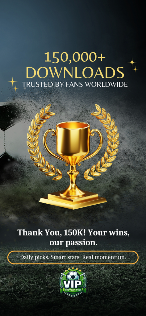 Promotional screen for Vip Betting Tips app featuring a gold trophy and celebrating over 150,000 downloads worldwide.