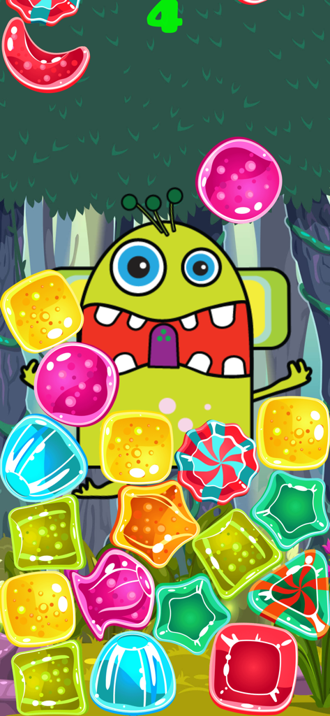 Toddler Monster Pop - Un monstruo amarillo tonto rodeado de caramelos coloridos que explotan en una jungla.