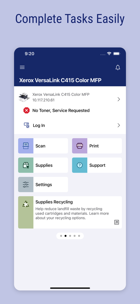 Xerox® Easy Assist - Xerox Easy Assist app dashboard showing printer status and quick access buttons for scan print and supplies