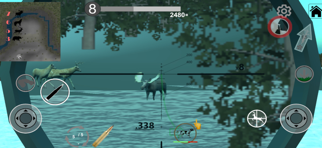 Gameplay of Hunting Simulator showing a moose through a rifle scope with ballistics indicators