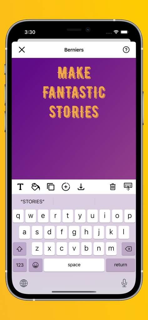 Fancy Fonts for Stories - iPhone screen showing the Fancy Fonts for Stories editor with stylized text on a purple gradient background