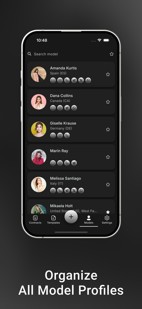 Screenshot of the SnapSign app interface showing a list of organized model profiles with photos and contact information