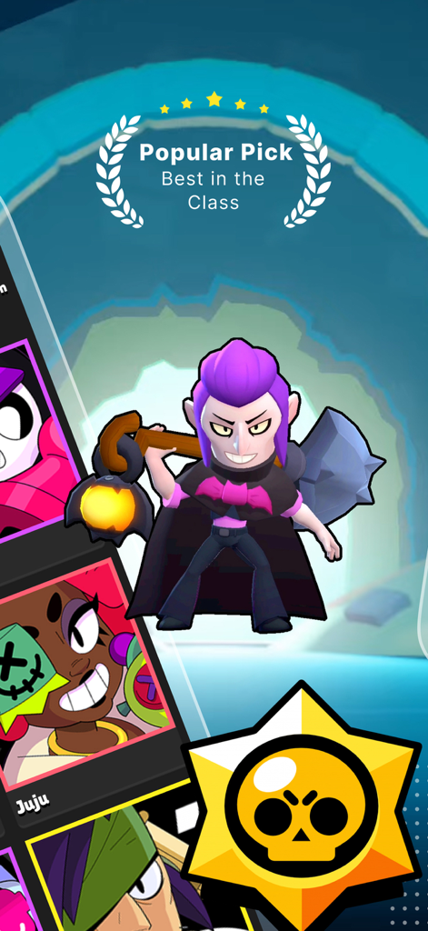 Insider for Brawl Stars - Personaje Mortis destacado como una selección popular de brawler en la aplicación Insider para Brawl Stars
