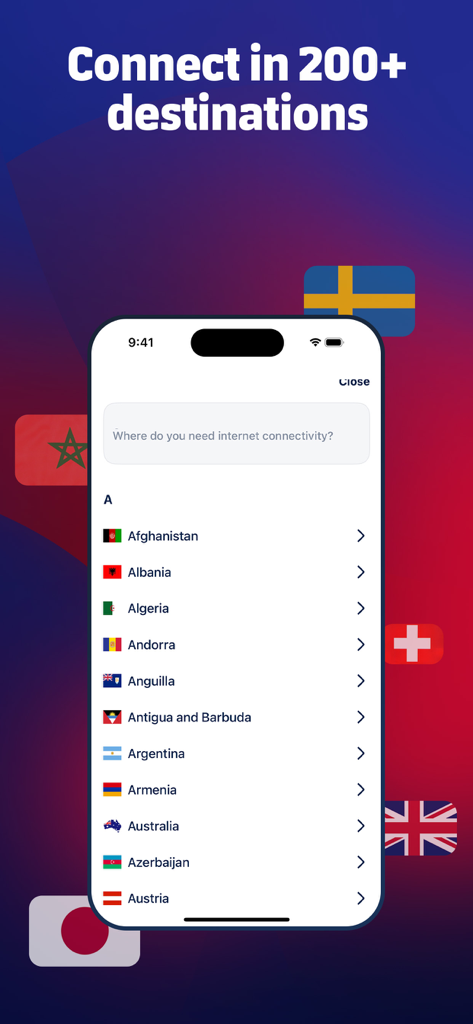 Barça Mobile - Travel eSIM - Interfaz de la app Barca Mobile mostrando una lista de búsqueda de más de 200 destinos internacionales para conectividad eSIM de viaje