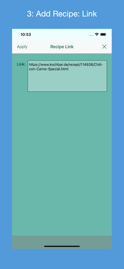 Interface of the Recipe Collector app showing the screen for adding a new recipe via a web URL.