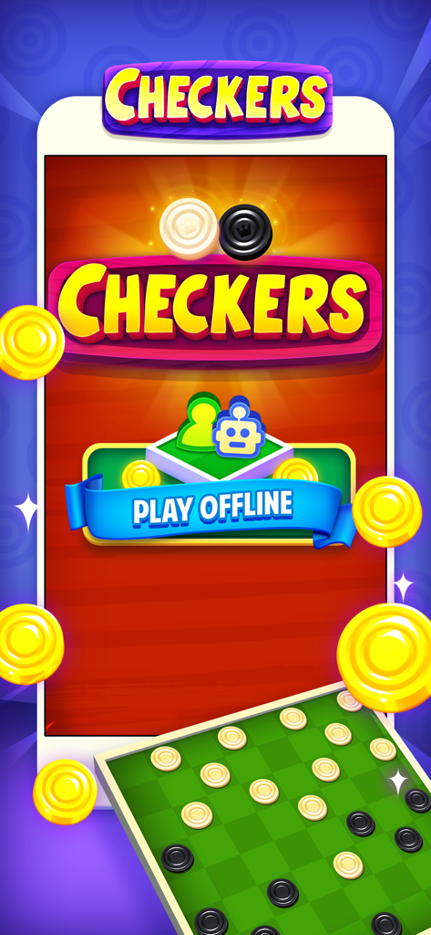 Main menu of Checkers Fun Board Game showing the play offline option and game board.