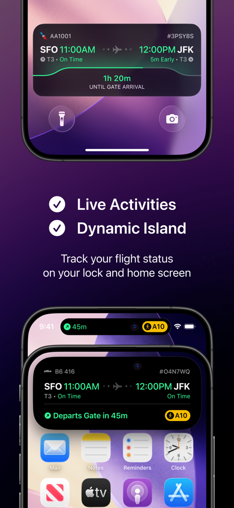 Flighty app flight tracking on iPhone lock screen and Dynamic Island