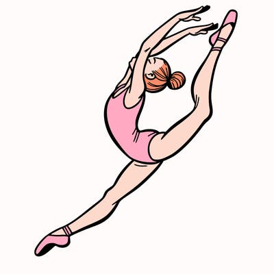 gymnast doing a leap in a leotard with a bent back leg