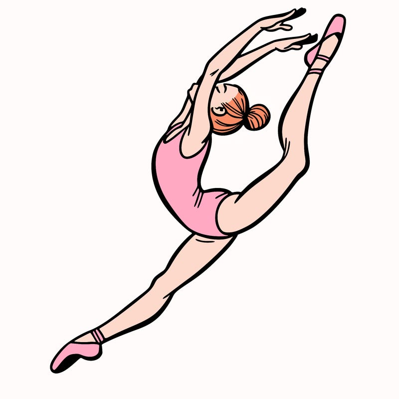 gymnast doing a leap in a leotard with a bent back leg