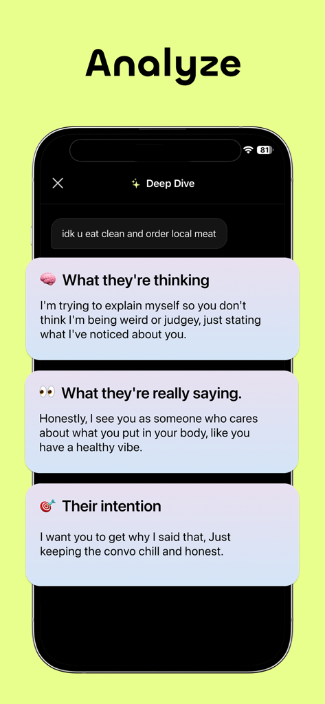 KI-gestützte Analyse einer Textnachricht in der Converso-App, die die Gedanken und Absichten des Absenders erklärt