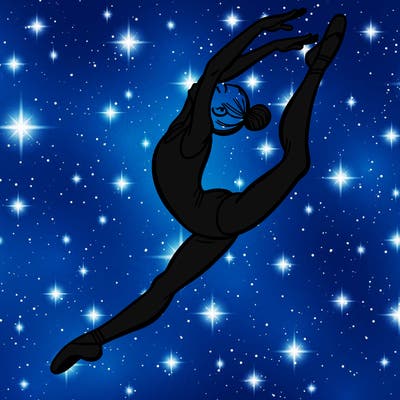 gymnast doing a leap in a leotard with a bent back leg