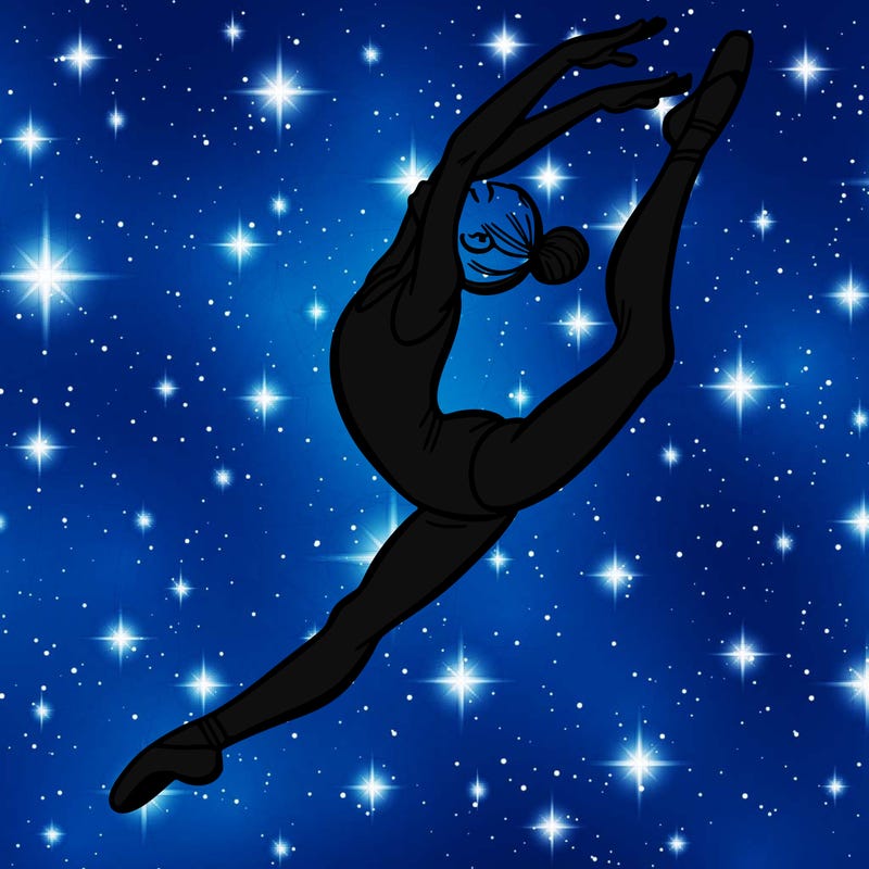 gymnast doing a leap in a leotard with a bent back leg