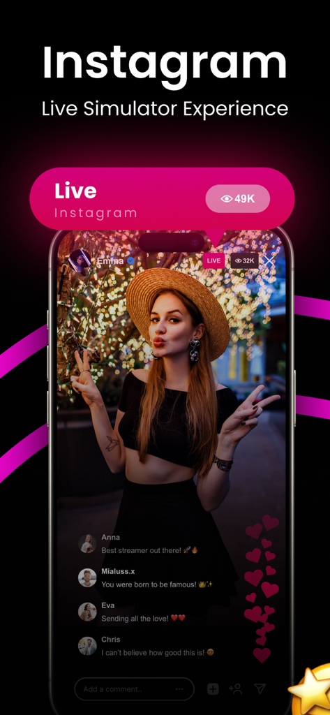 Interface do aplicativo Famely simulando uma sessão ao vivo do Instagram com fãs de IA e contagens de espectadores falsas.