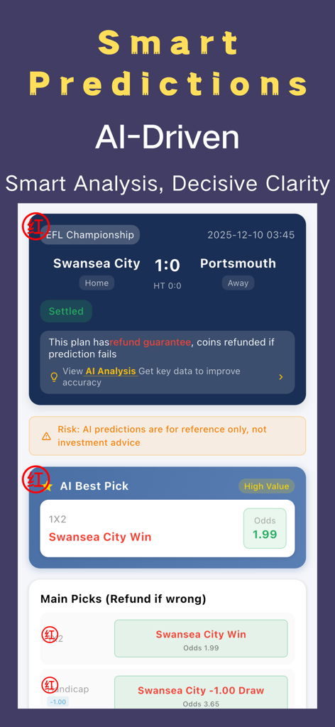 AI Ball Predictions & Tips - AI sports betting app interface showing smart soccer predictions and match analysis for the EFL Championship