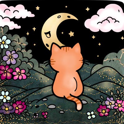 cat facing the night sky while sitting on a crescent mom with clouds an cherry blossom so all around