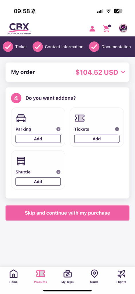 Cross Border Xpress - Pantalla de pago en la aplicación CBX que ofrece boletos de estacionamiento y complementos de transporte para viajeros