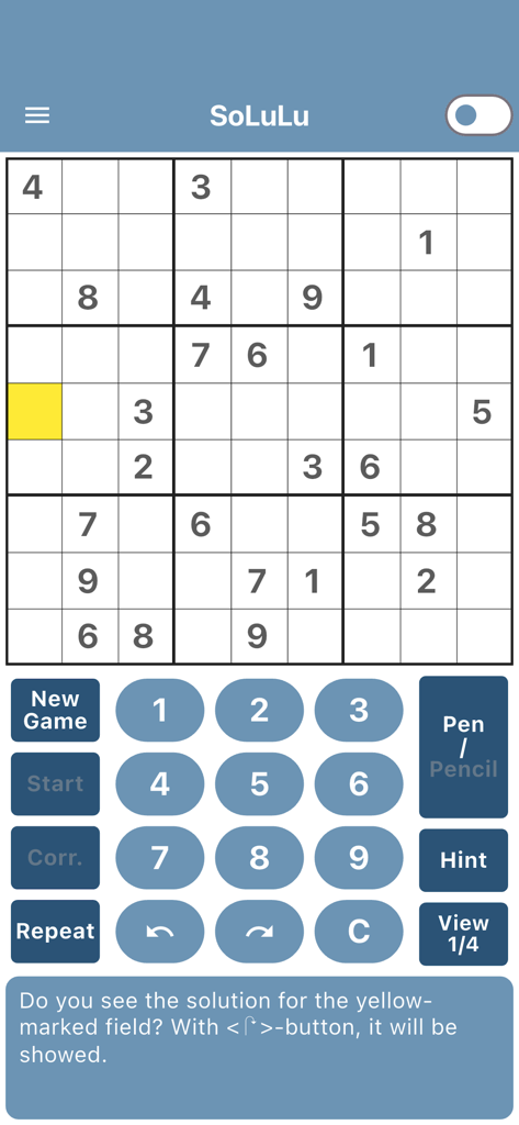 SoLuLu - SoLuLu app interface displaying a Sudoku puzzle grid with a yellow highlighted cell and game controls.
