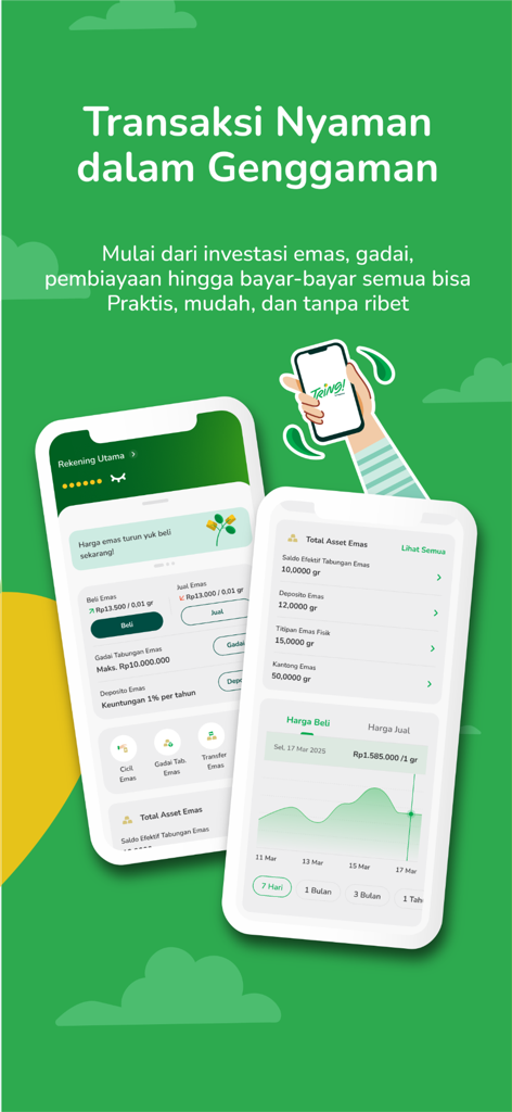 Affichage de l'application mobile Tring by Pegadaian montrant l'épargne en or et les graphiques des prix du marché
