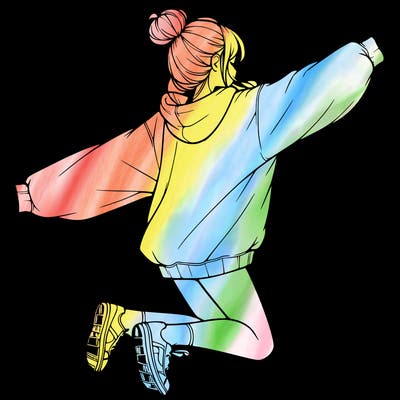 realistic girl jumping with a bun and oversized sweatshirt