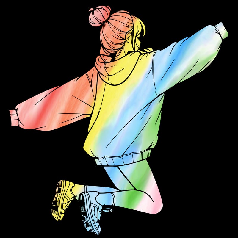 realistic girl jumping with a bun and oversized sweatshirt