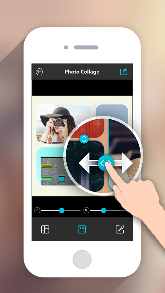 Una mano ajustando el diseño de un collage de fotos en la pantalla de un teléfono inteligente utilizando controles táctiles sencillos.