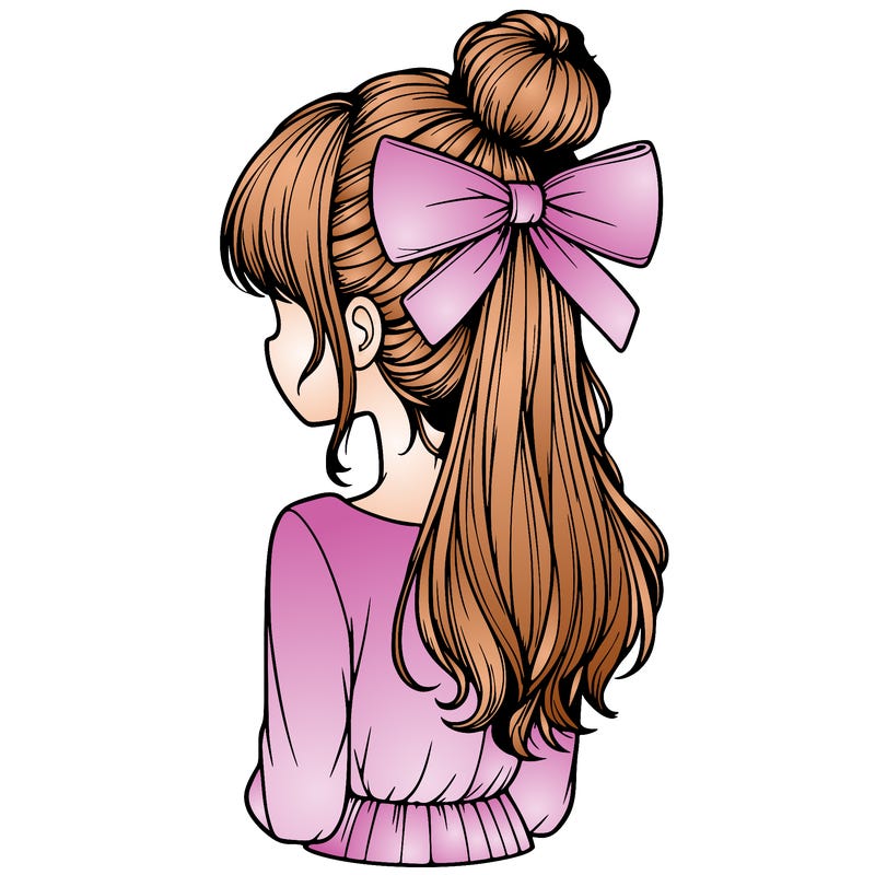 realistic girl  with hip length hair a bun and a big bow on the back of head